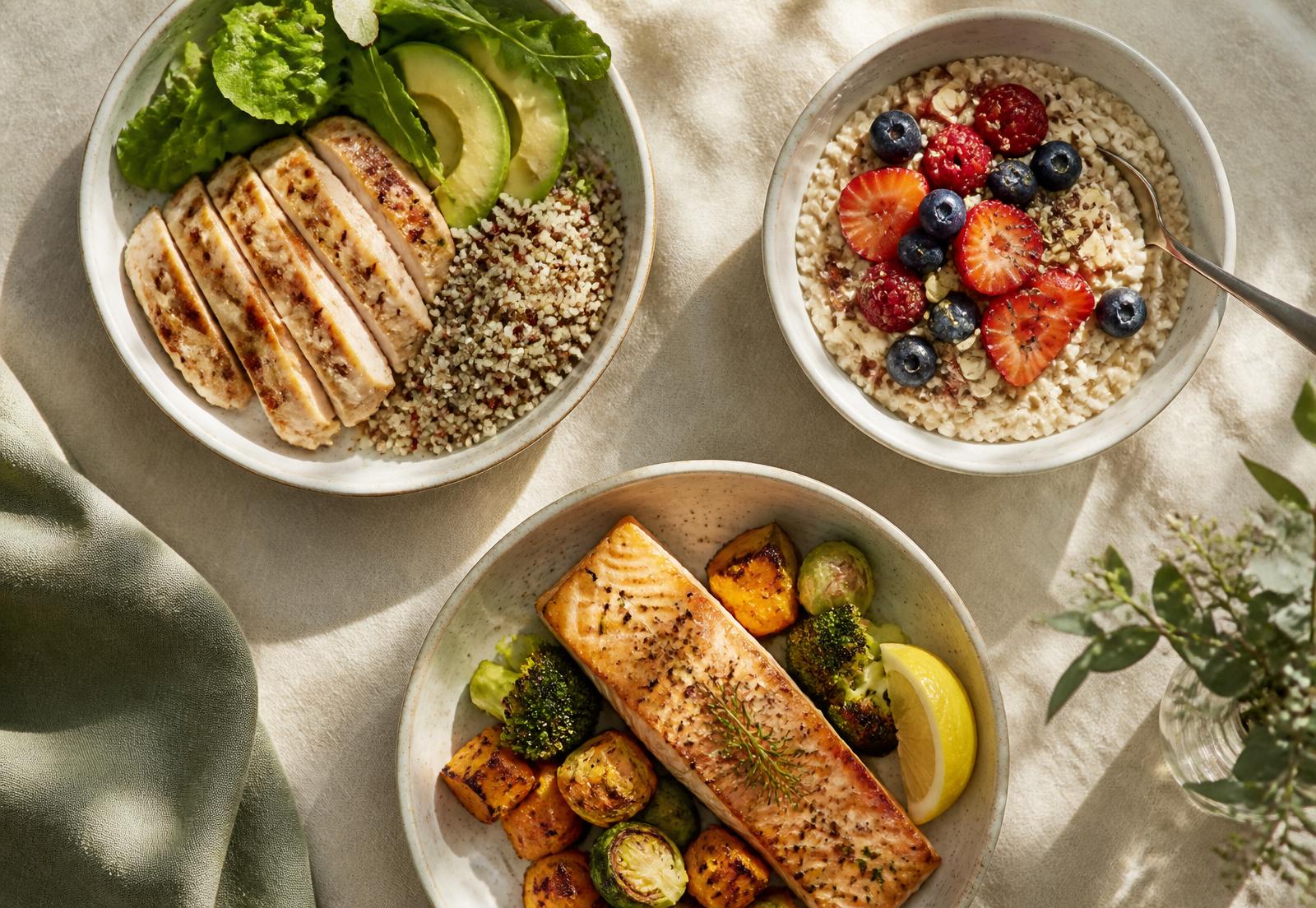 Three homemade meal bowls: chicken with quinoa, oats with berries, and salmon with roasted vegetables